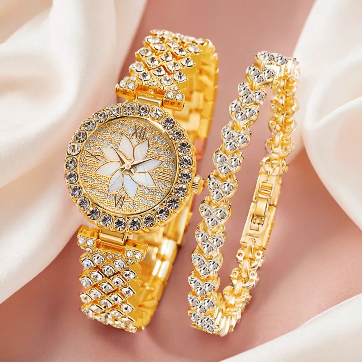 Luxury Diamond Dial Quartz Wrist Watch Set with Bangle Bracelet Jewelry Bangle Steel Hip Hop Luxury Diamond Quartz Ladies  main image 3