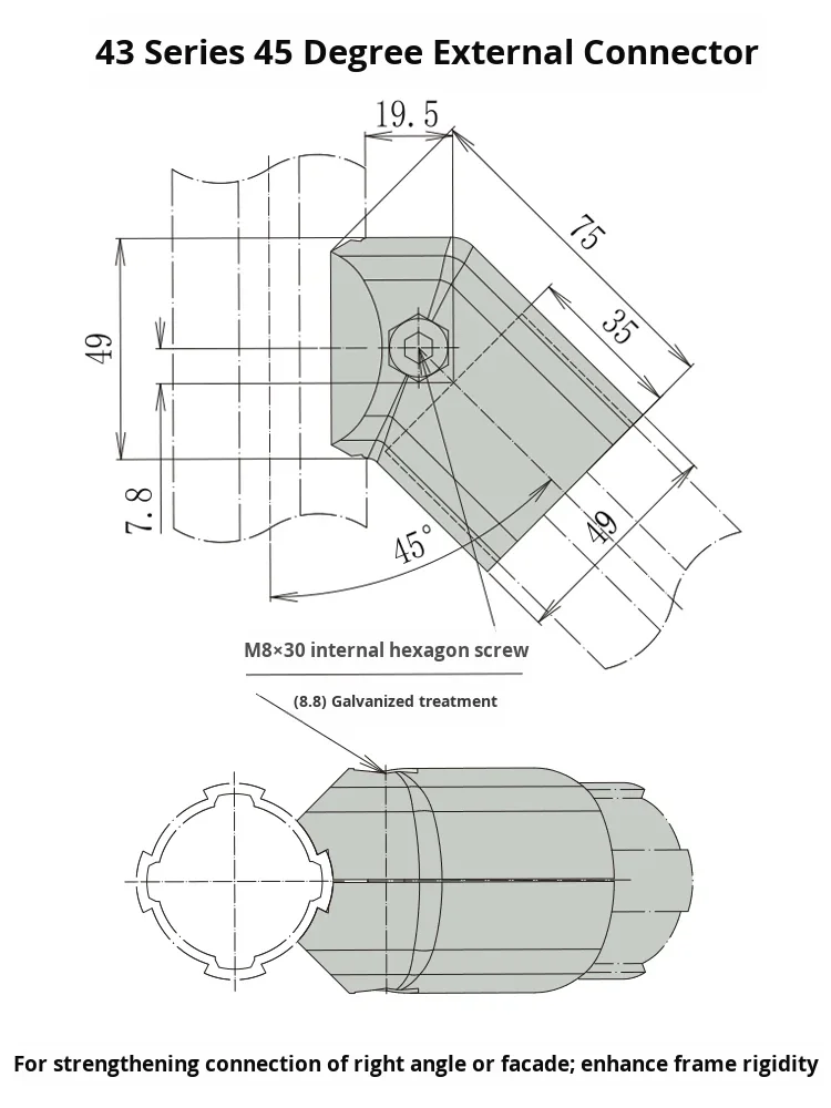 product 43mm series 45 degree external connector 4000 series line rod aluminum alloy lean pipe connector accessories material car-15