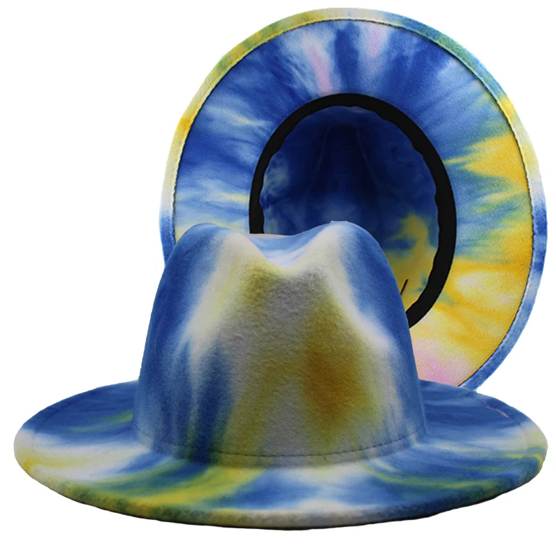 

New Arrival Tie-Dye Printed Colour Fedora 2 tone hats Men and Women Wide Brim Hot Whole Felt Hats Party Hats,5 Pieces