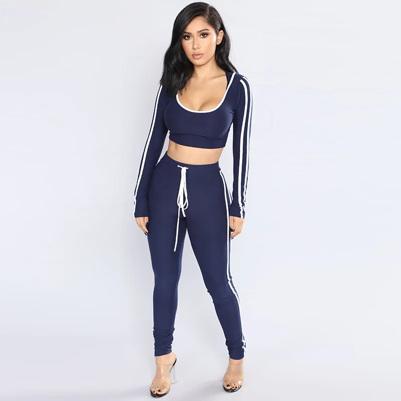 Sexy Women Two Piece Tracksuit Long Sleeve Hooded Crop Tops Lace Up ...