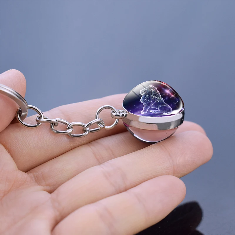 12 Constellation Luminous Keychain Glass Ball Pendant Zodiac Keychainkey Chain Holder Men Women 0896