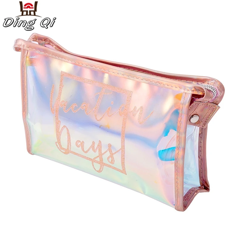 Clear glitter pvc custom transparent cosmetic make up pouch bag with handle