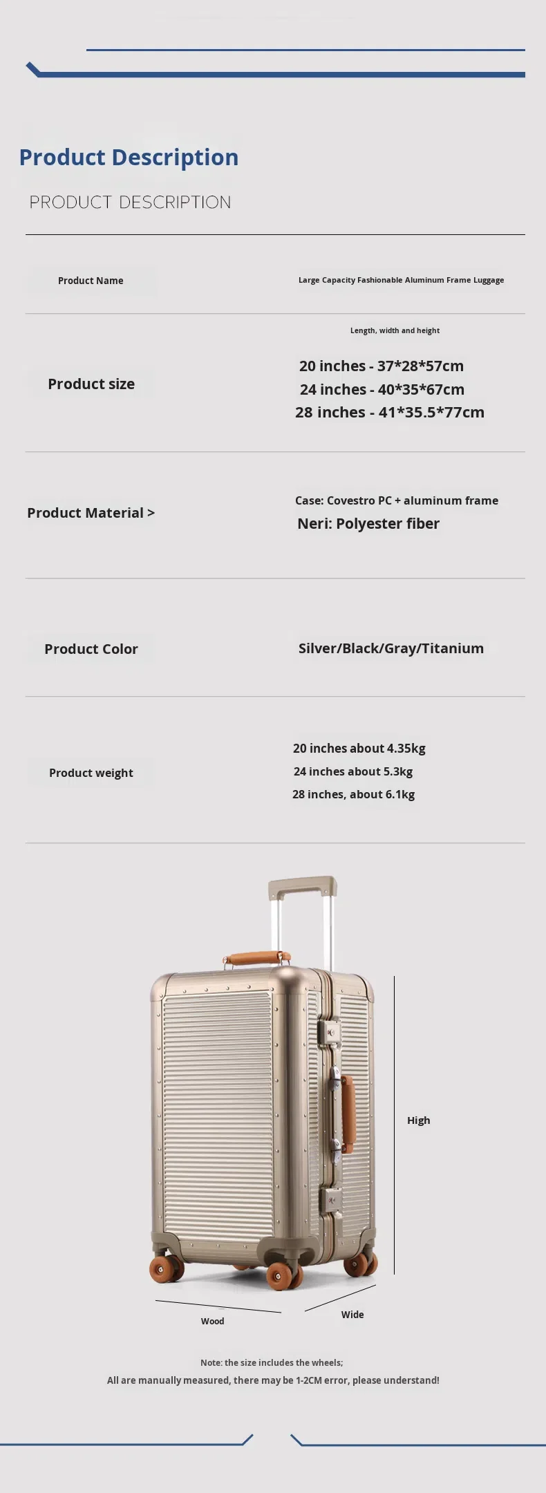 High-end New Design PC Aluminum Frame Suitcase Spinner Trolley Case 28 in Luggage Anti-drop Travel Case TSA Lock Leather Handle details
