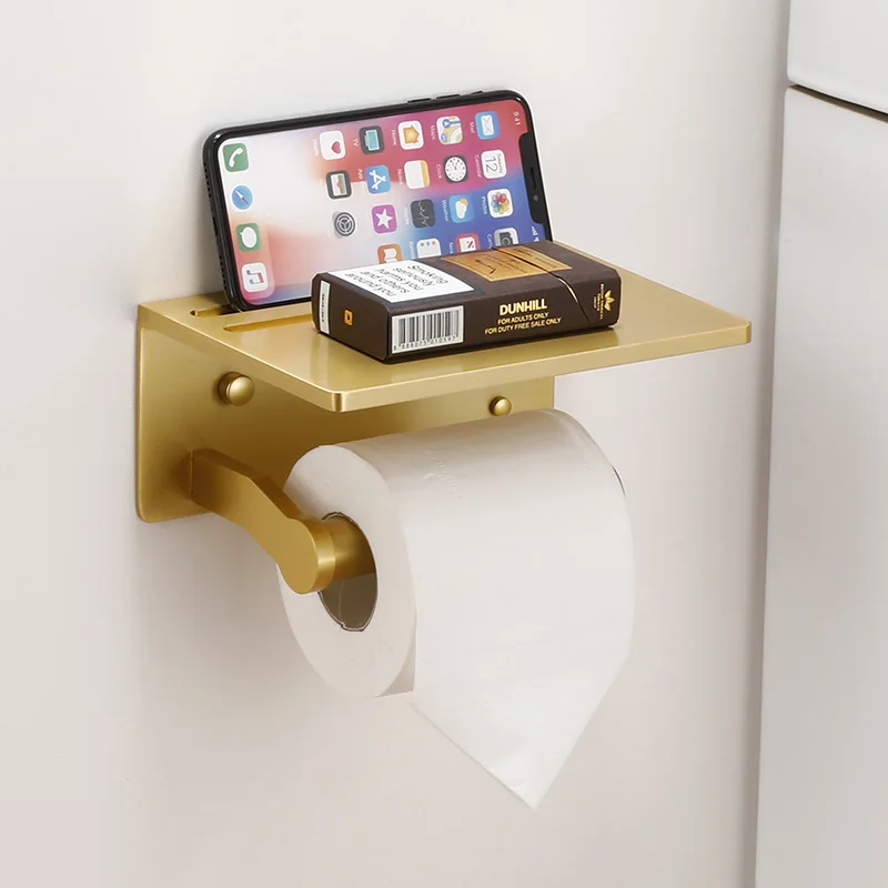 Wall Mount Self Adhesive Toilet Paper Holder With Phone Shelf Toilet