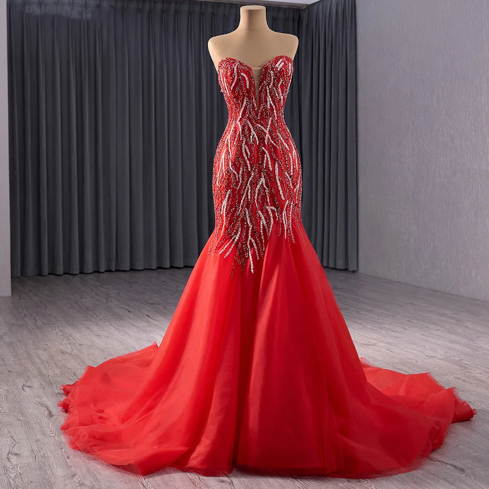 red mermaid wedding dress Wholesale Beaded Bridal Mermaid Red Wedding Dress Prom Dresses Tulle Beaded,1 Ampere
