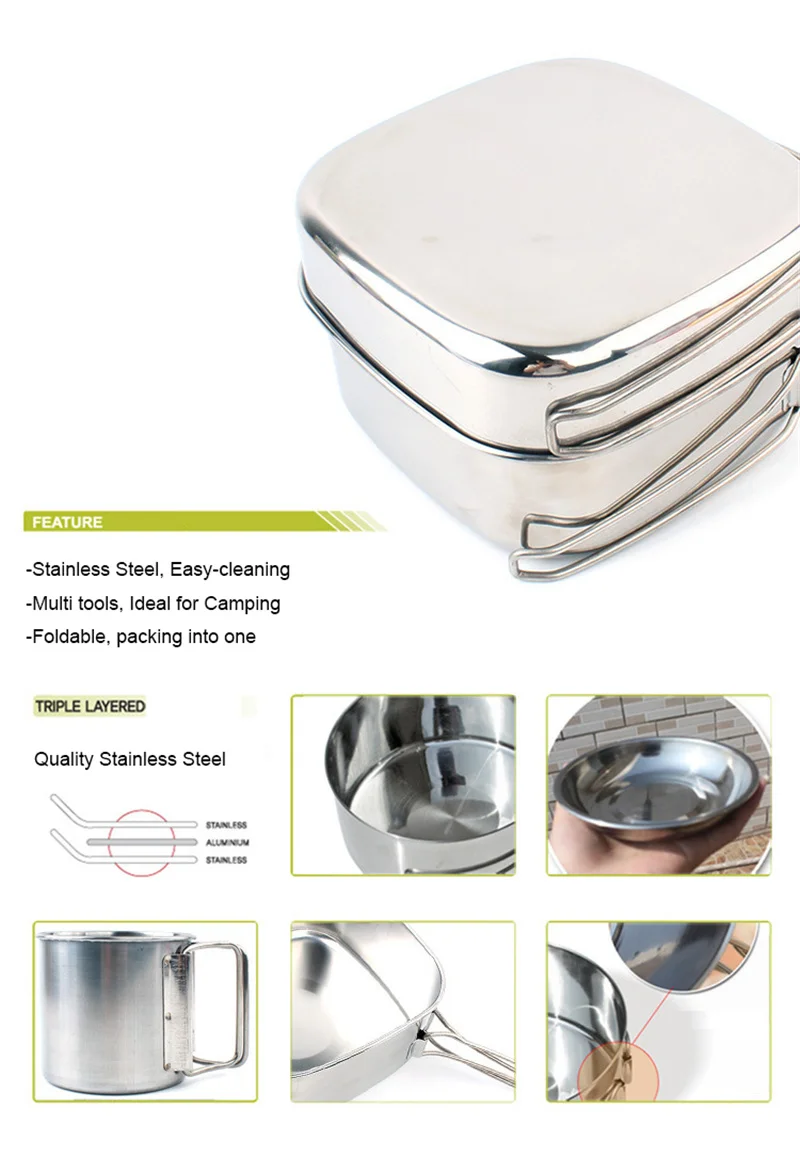 Outdoor Camping Hiking Cookware 6pcs Stainless Steel Camping Cooking