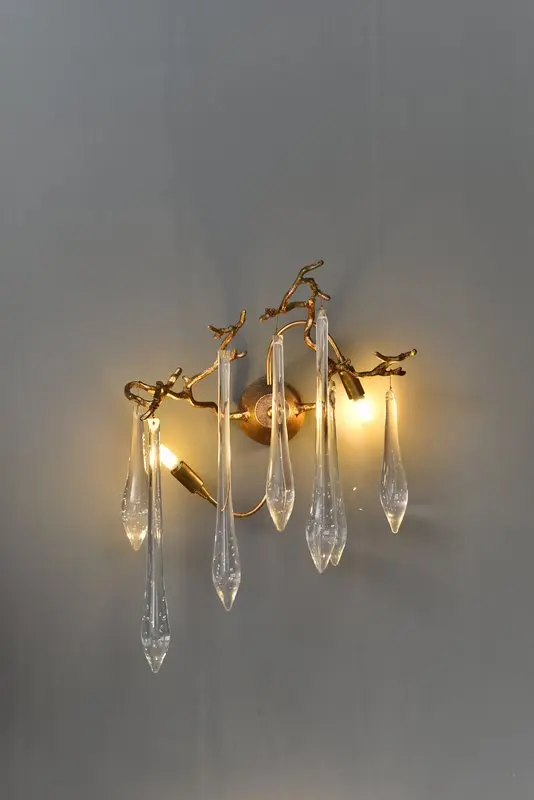 MEEROSEE Icicle-Trimmed Crystal Pendant Wall Light Gold Copper Wall Sconce Lamps Wedding Decoration Rattan Lighting MD87026