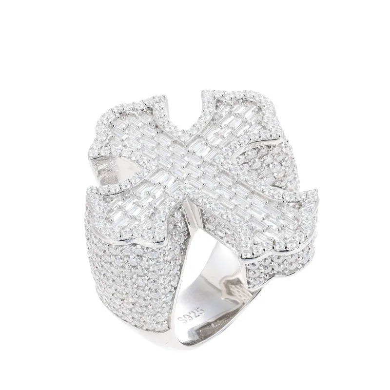 S925 Silver Moissanite Cross-Shape Ring for Men Super Flash T Square Diamond Cross-Border Hip Hop Style Ready to Wear