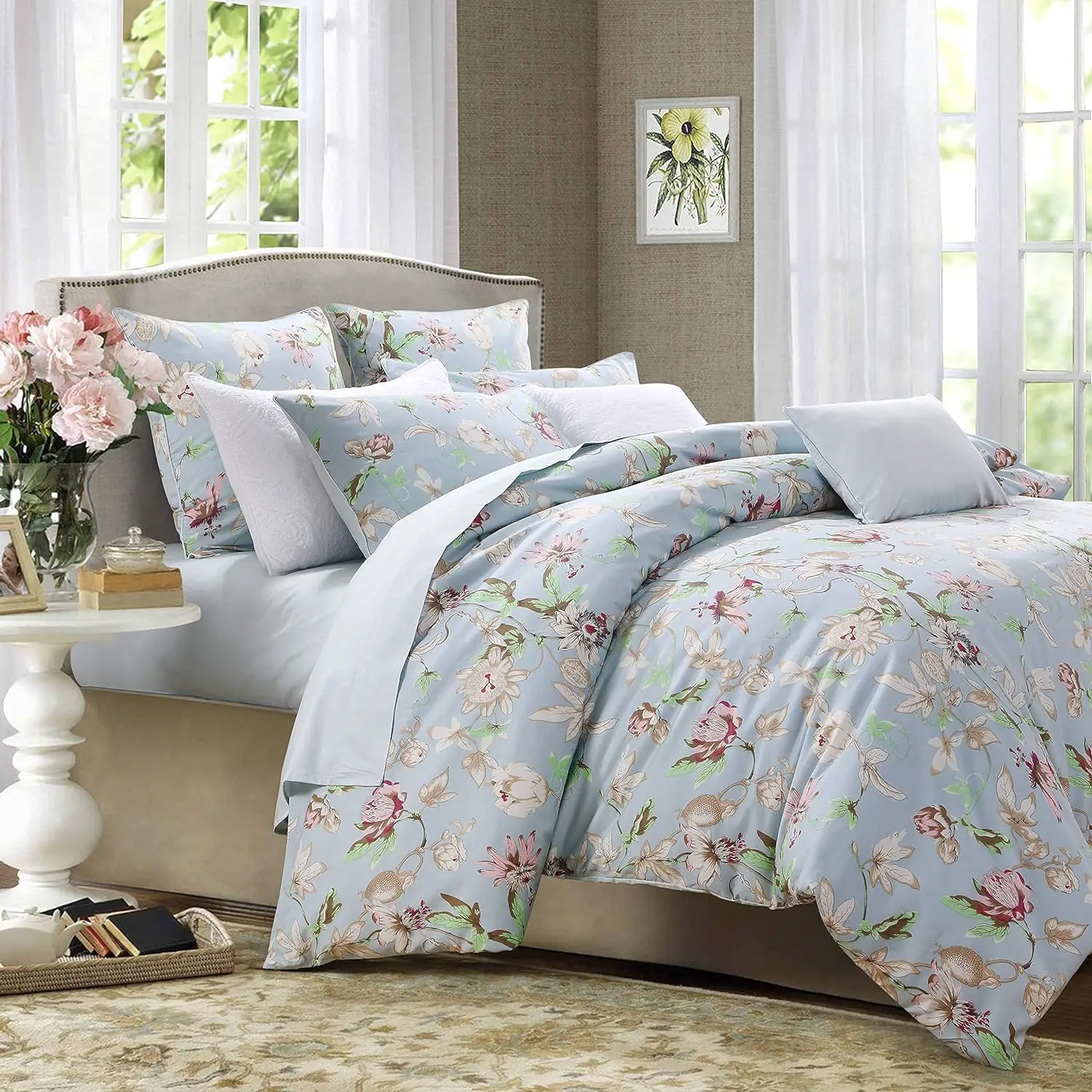 Duvet Cover Set Queen Size Blue Vintage Botanical Flower Printed Floral Girls Bedding Set 800TC Egyptian Cotton Sateen supplier