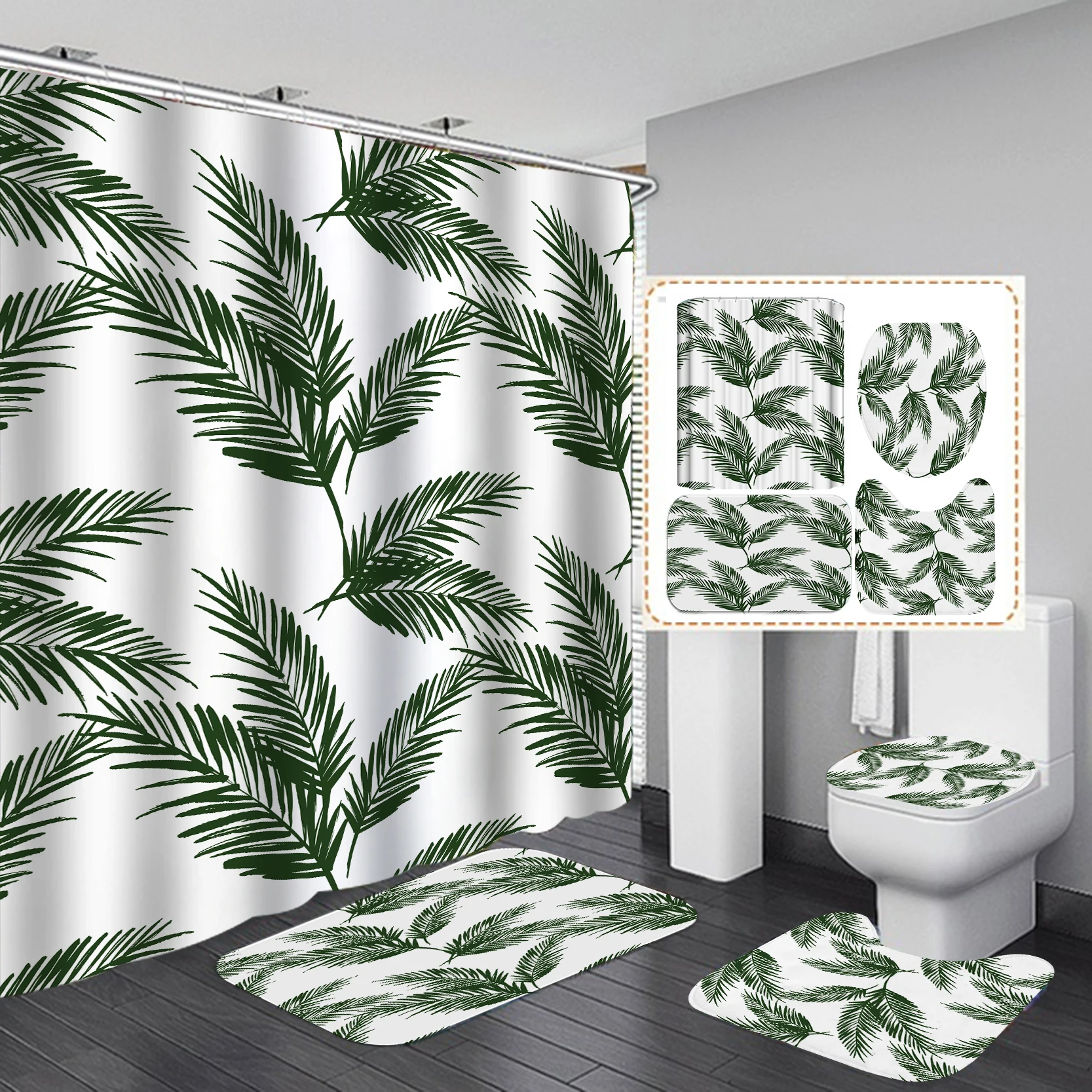 4pcs Green Leaves 3d Printed Bathroom Foam Bath Mat With Shower Curtain ...