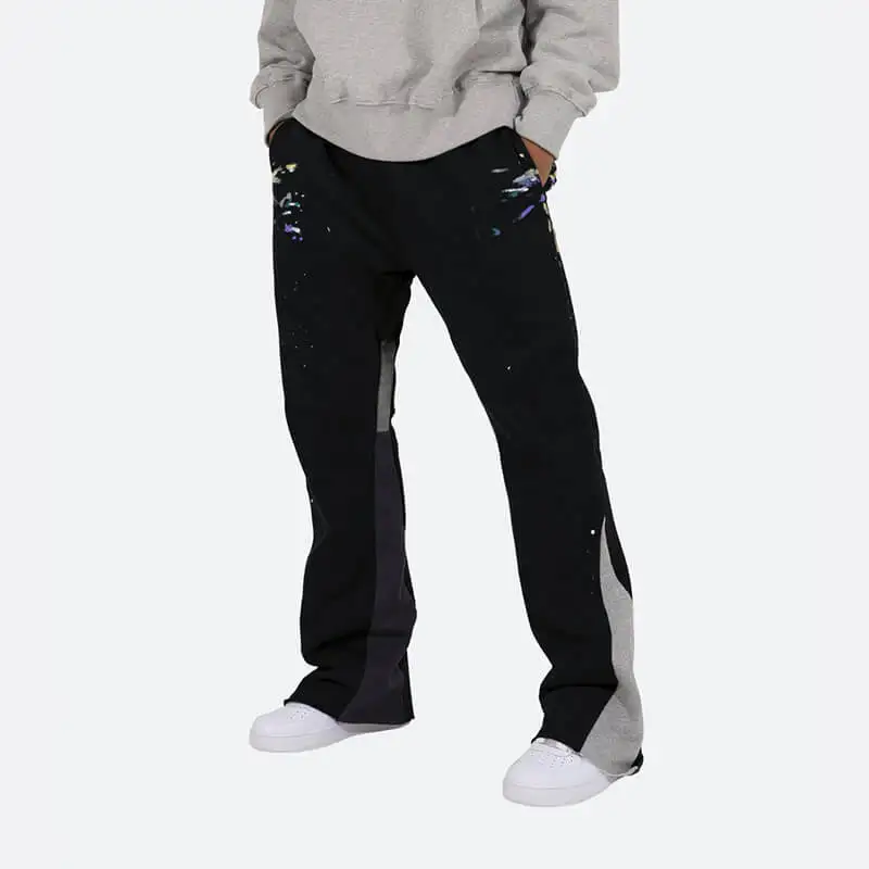 custom logo 500 gsm heavyweight fleece wide leg mens flare sweatpants puff print flared sweatpants black