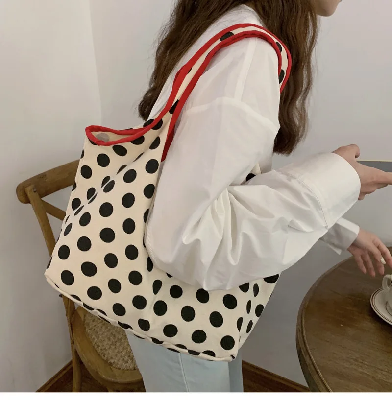 2024 Japanese Style Canvas Shopping Bag Fashionable Dot Casual Shoulder Handbag Outdoor Canvas Shopping Bag