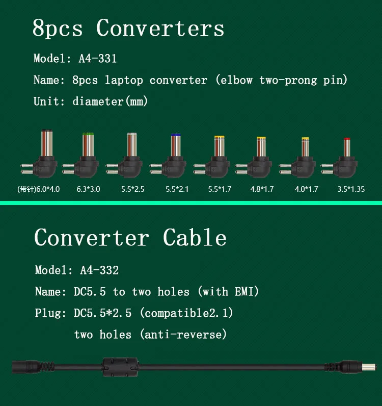 Mobile power cable 8pcs/set laptop power bank adapters two-prong pin elbow conversion plug converter