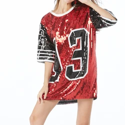 Custom Sparkling Sequin Beaded Jersey Women Casual Hip Hop T Shirt Dresses