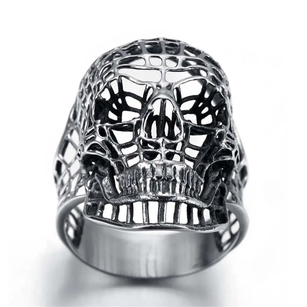 Retro male explosion models stainless steel titanium steel punk hollow grid ghost head jewelry skull ring
