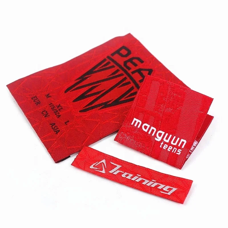 

Wholesale Custom Famous Brand Name Logo Centerfold Machine Woven Damask Clothes Labels for Clothing, Up to 12 colors, follow pantone color chart