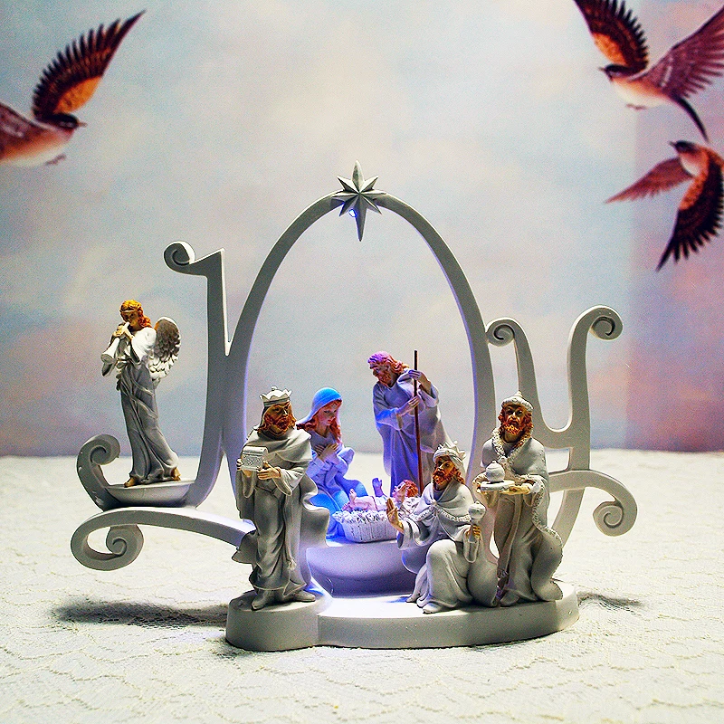 Nativity Scene With Led Light Handpainted Christmas Figurine Decor