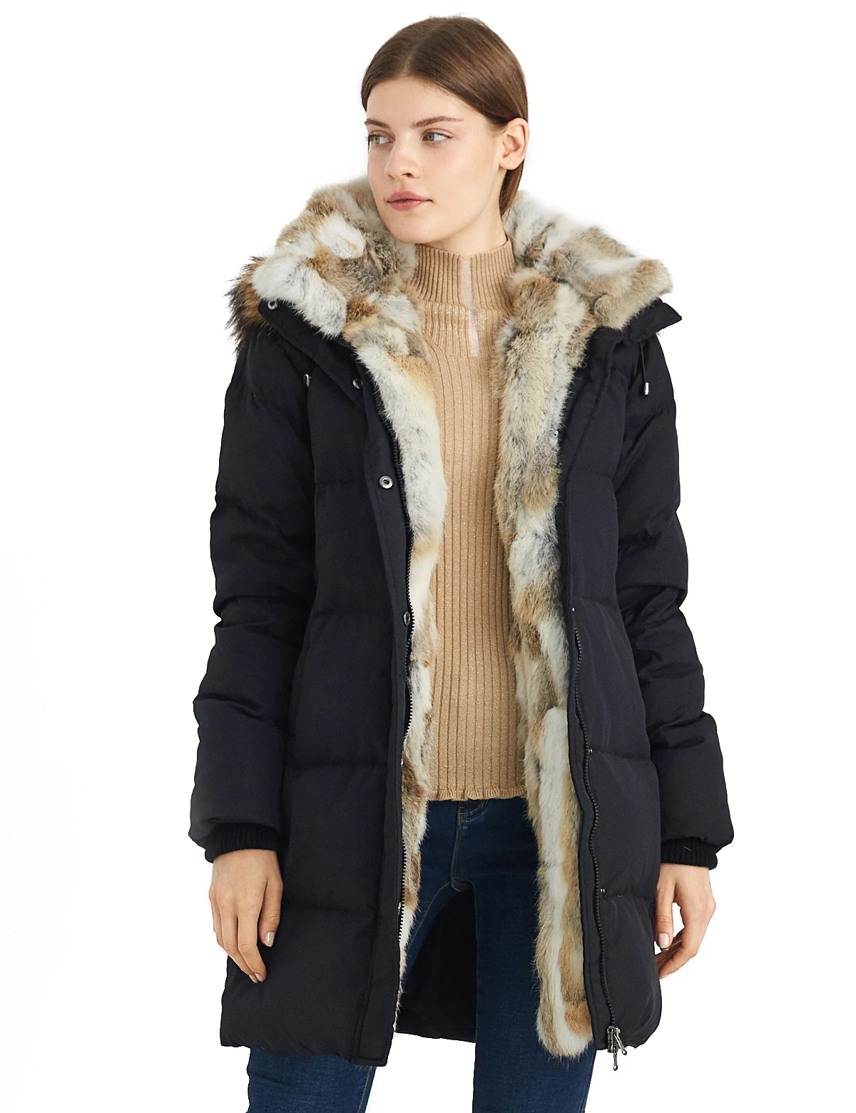 冬季外套带毛头巾女式长羽绒服女装涤纶羽绒服