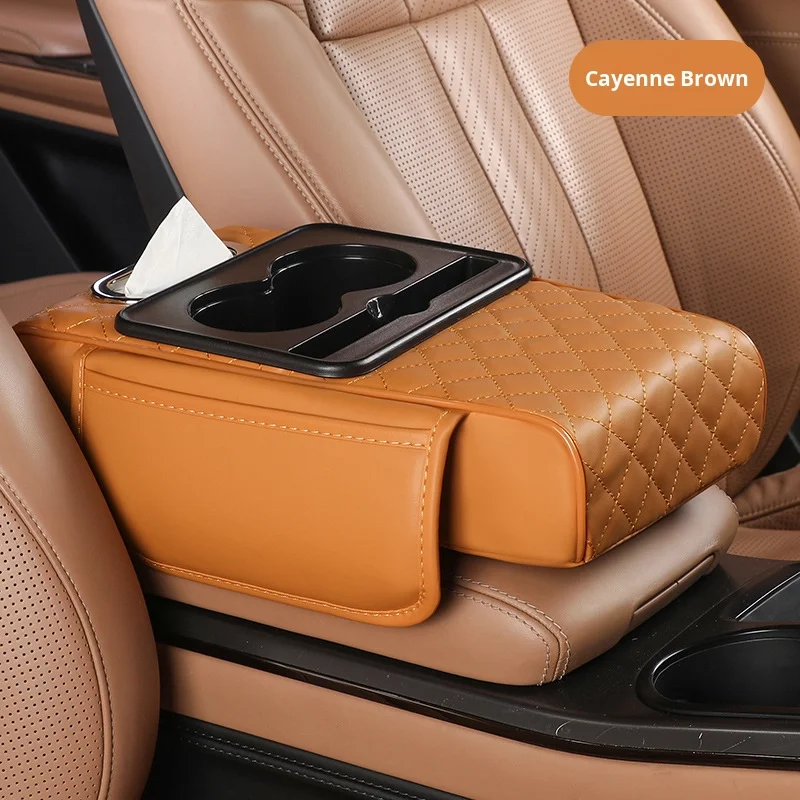 Multi-Functional In-Car Tissue Box Cup Holder Leather Central Armrest Heightening Pad Protective Car Storage Box Bag