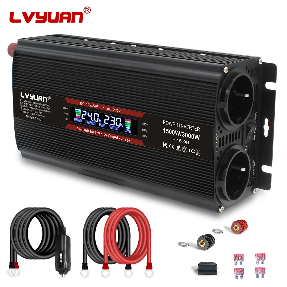 LVYUAN 1500W/3000W Dual Voltage 12V/24V DC/AC Modified Sine Wave 