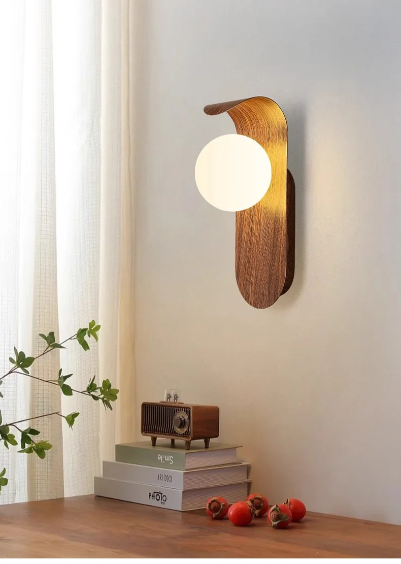 Living Room TV Background Wall Lamp Simple Modern Walnut Wood Grain Bedroom Bedside Lamp Vintage Study Hallway