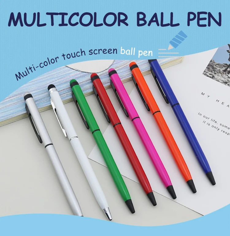 Matching stylus color custom logo  2 in 1 ball pen slim metal pen metal ball