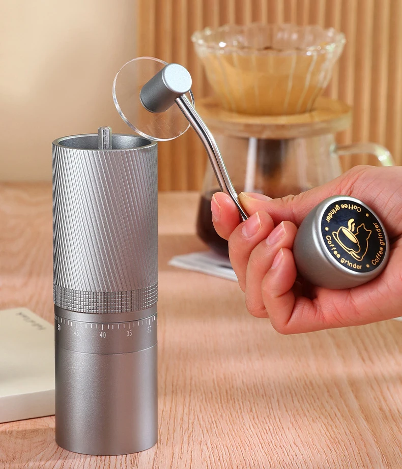 Manual Coffee Grinders External Adjustment Fine Diagonal Stripe Solid Wood Metal Handle Durable Washable Lightweight Compact details
