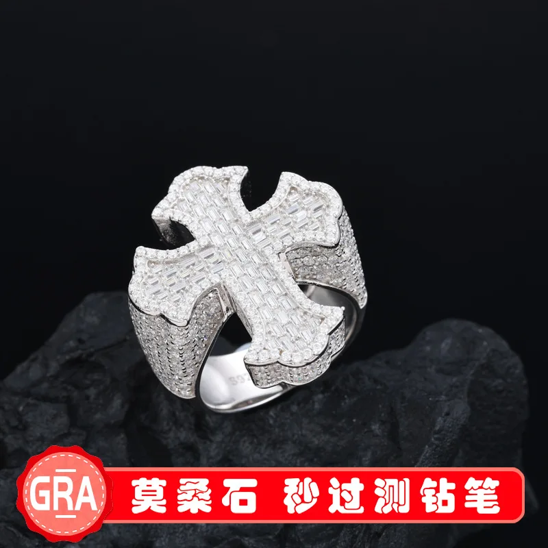 S925 Silver Moissanite Cross-Shape Ring for Men Super Flash T Square Diamond Cross-Border Hip Hop Style Ready to Wear