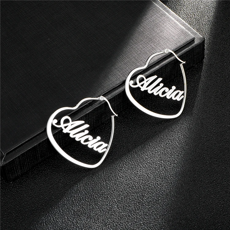 Stainless Steel Jewelry Personalized Heart Hoop Earring Custom Silver Name plate Earrings For best friend gift