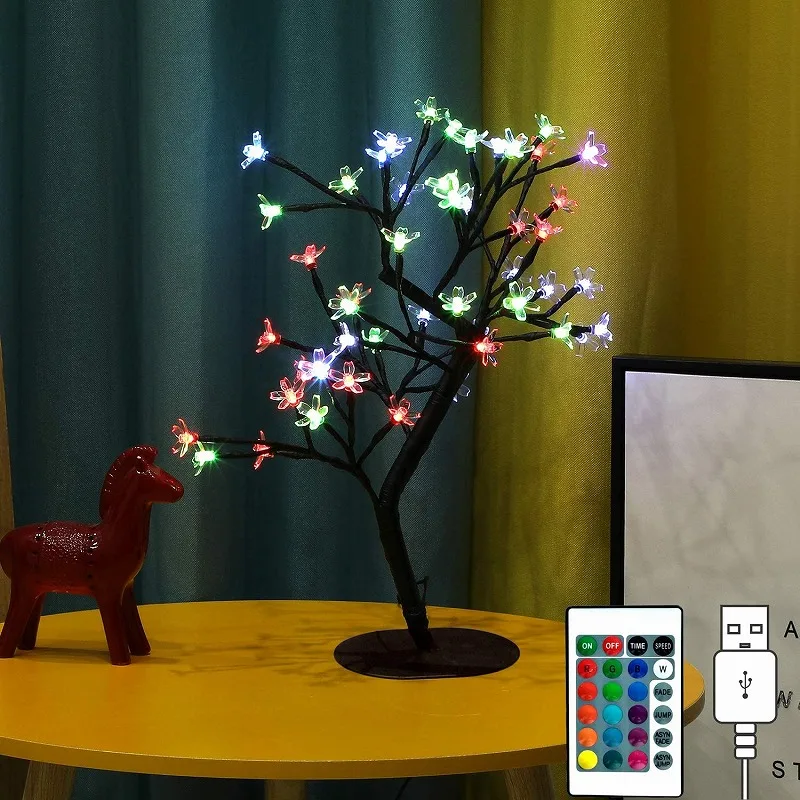 Indoor USB Operated Remote Control Adjustable Color Colorful Mini Artificial Cherry Blossom LED Christmas Decoration Tree Light