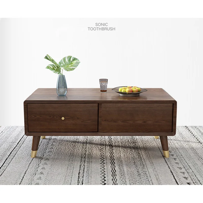 product-Nordic custom supported brass feet wooden cafe coffee table walnut color using in home-BoomD
