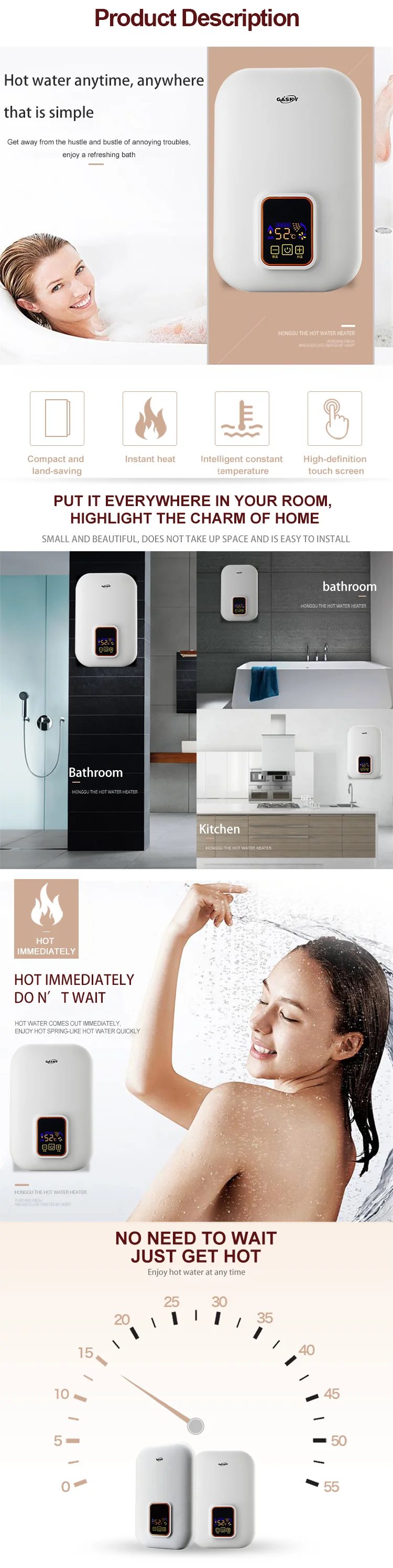 Wall Mounted tankless instant water heater 6000W hot water heaters for  bathroom