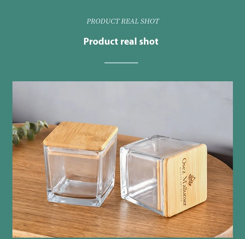 product luxurious empty square glass candle jars with wood lid printed for decorative use-8