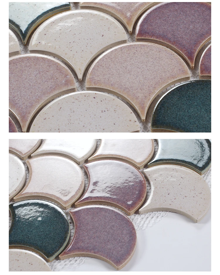 Factory direct sale cheap price ceramic mosaic wall tile for sale fish scale shape purple color ceramic mosaic mixed design