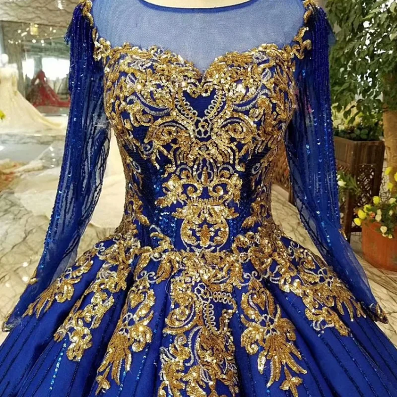 New Royal blue  Vintage Long Sleeves Wedding Dress Gold Lace Embroidery Appliqures Bride wedding Bride