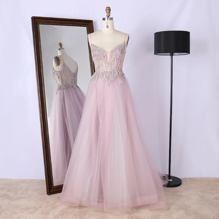 Fancy tulle beading spaghetti strap sweep train pink elegant long special occasion prom dresses JPG