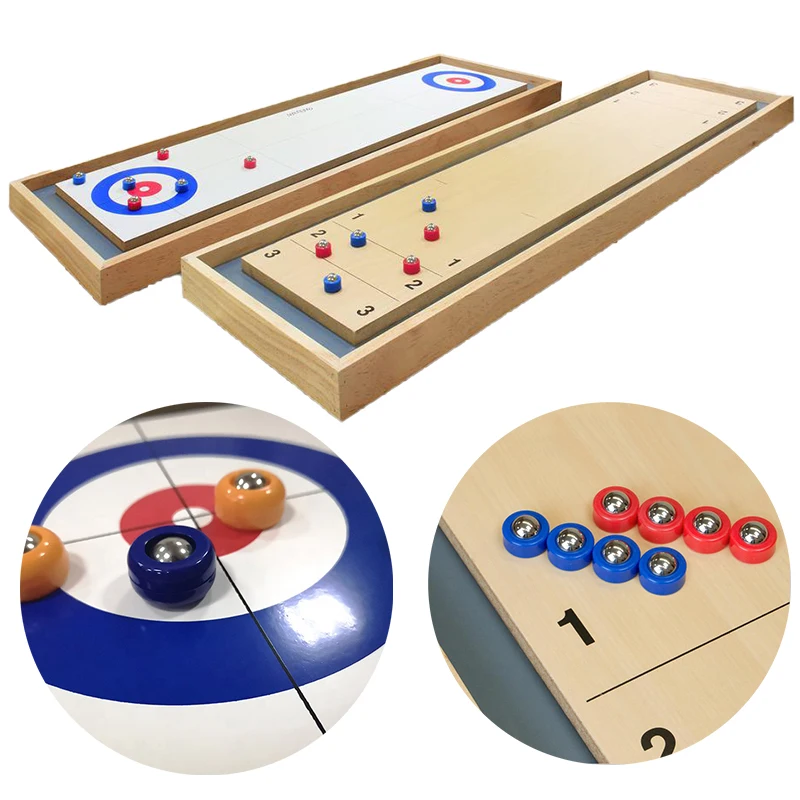 Wooden Shuffleboard And Curling 2 In 1 Table Top Board Game With 8