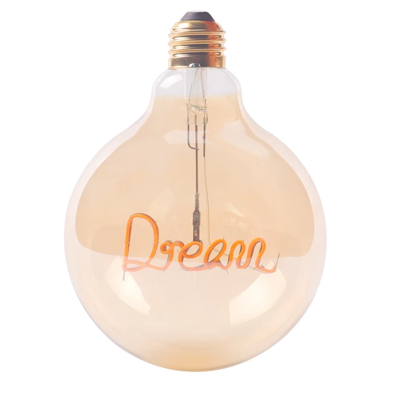 New design customized amber warm light letter word home AC 110V 220V E27 E26 soft filament bulb