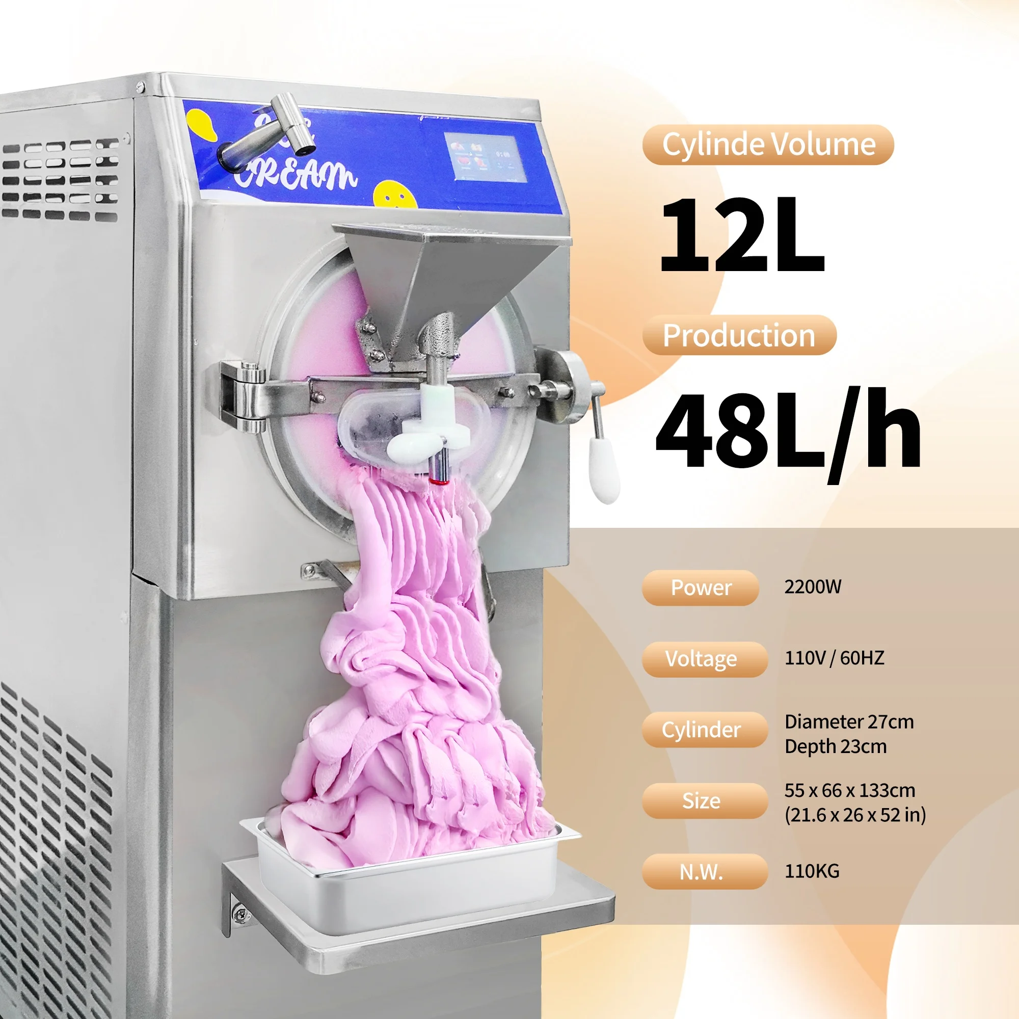 Italian Hard Ice Cream Machine Gelato Making Machine Hard Ice Cream Slush Making Machine 48l H