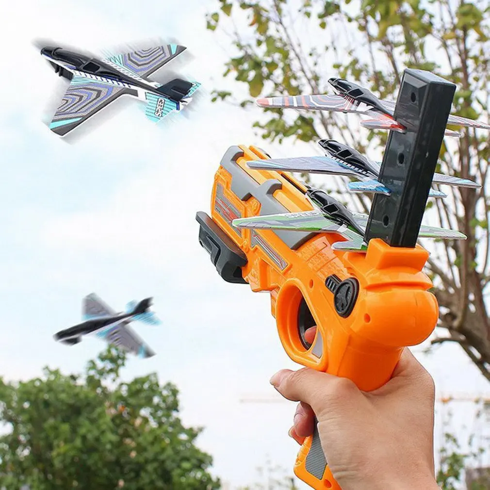 LU Store Airplane Toy Bubble Catapult Plane Toy Airplane Shooting Game Outdoor Toys with 4 Pcs Glider Airplane Launcher One-Click Ejection Model Foam Airplane Outdoor Sport Toys Gifts for Kid Blue 