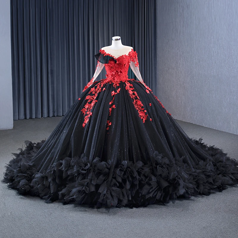 dresses black and red Black Gothic Red and Black Corset Tulle Wedding Dress With Beaded Cape and Bodice, Burgundy and Black Alternative Bride Dress