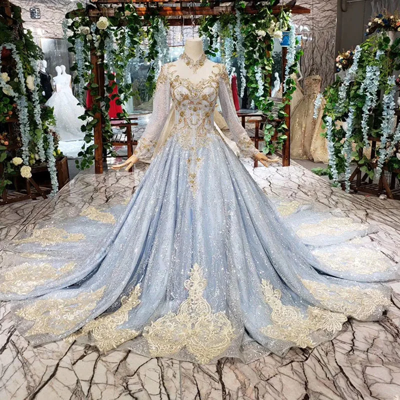 Real Photos Golden Lace Light Blue Ball Gowns Wedding Dress Bridal Dresses Long Sleeve Beading Dress Custom