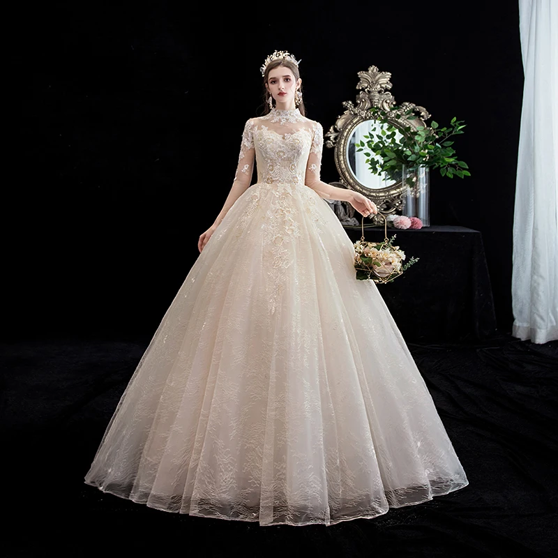 2019 Autumn New arrival Elegant Champagne lace Long Sleeve Plus size high neck Floor Length Bridal Wedding Dress