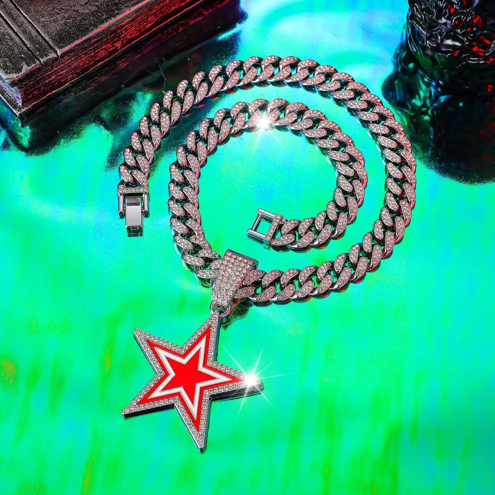 product european american style full diamond blue five pointed star pendant necklace fashionable hip hop design for men women for gift-18