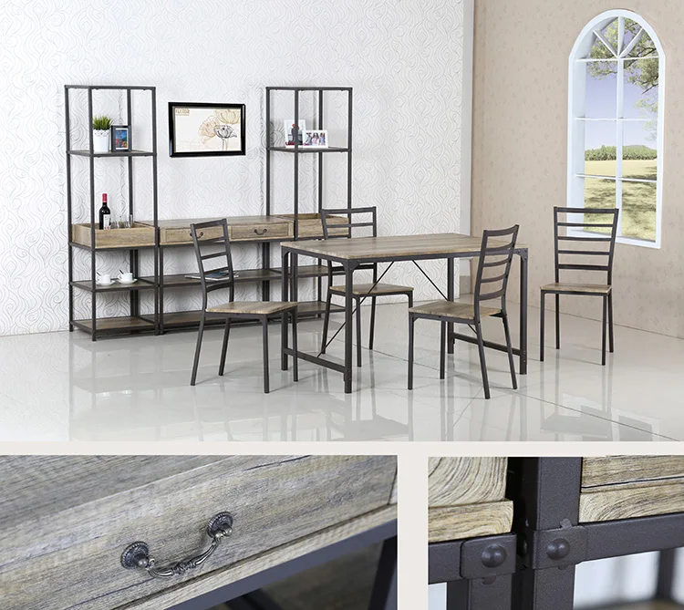 Home restaurant kithcen antique furniture wooden desktop metal legs 4 seater rustic industrial dining room table
