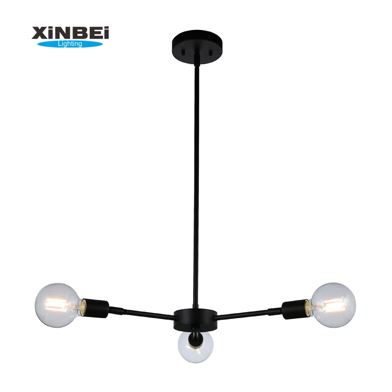 XiNBEi Vintage Pendant Hanging Light Modern Indoor Black Sputnik 3 Light Bare Bulb Chandeliers Pendant Lamp
