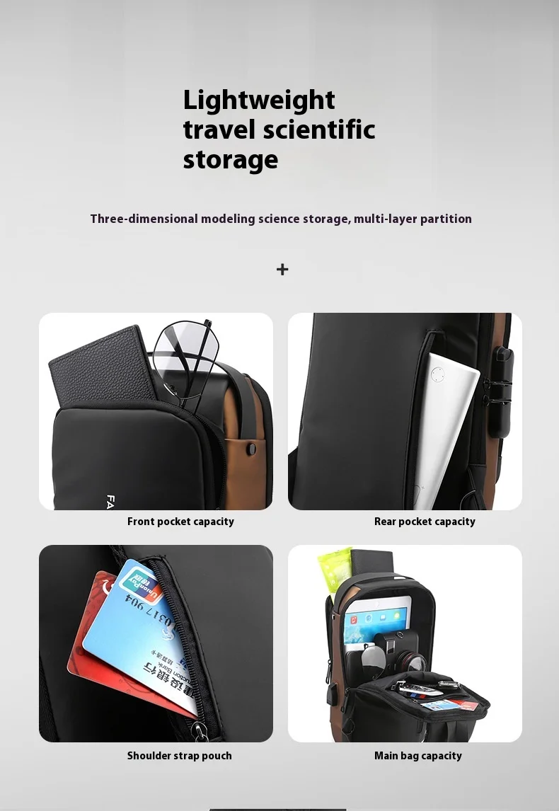 Men's Fashionable Water-Repellent PU Backpack USB Charging Chest Bag with Single Shoulder Cross-Body Design