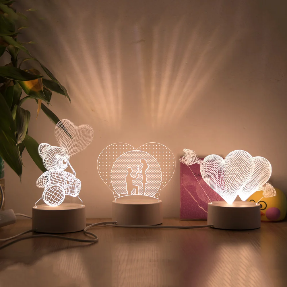 Romantic Love 3D Lamp Heart-shaped Acrylic LED Night Light Decorative Table Lamp for Valentine's Day Sweetheart Wife's Gift