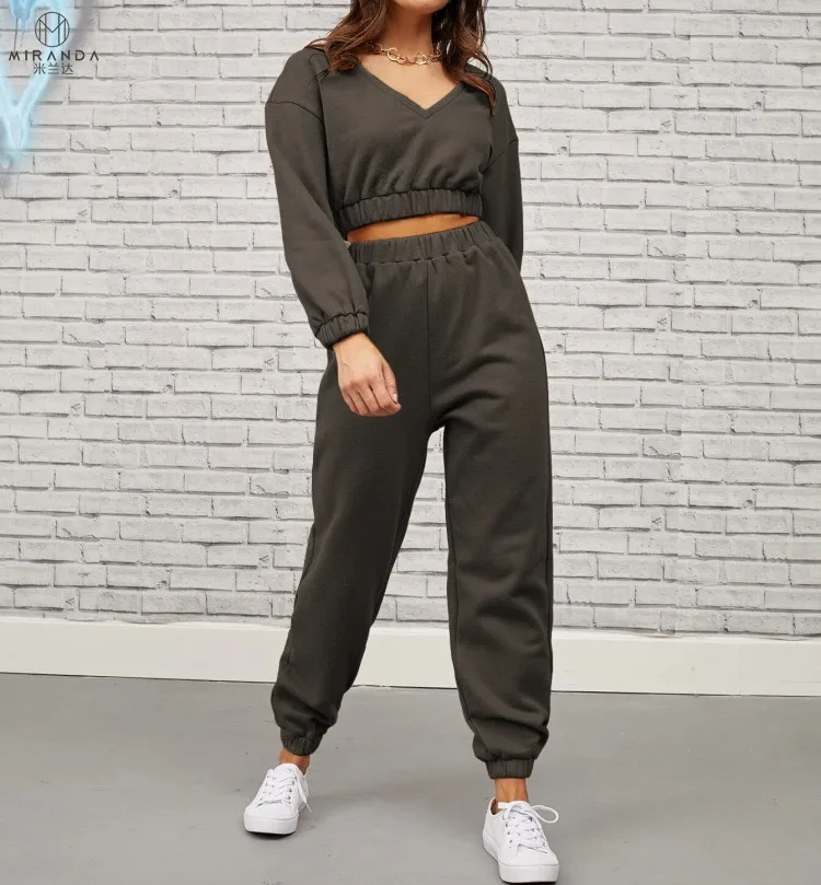 Wholesale Women Jogger Suits Set Vneck Drop Shoulder Crop Pullover