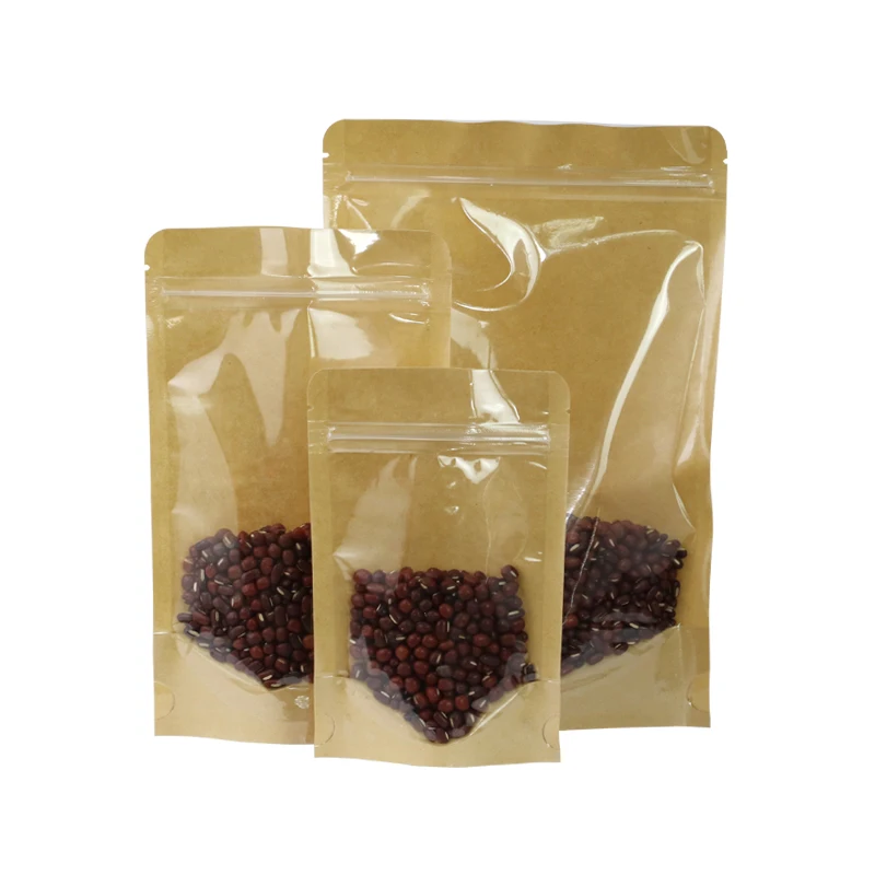 Brown Kraft Paper Stand Up Pouches With Clear Transparent Front Window Zipper Doypack Resealable
